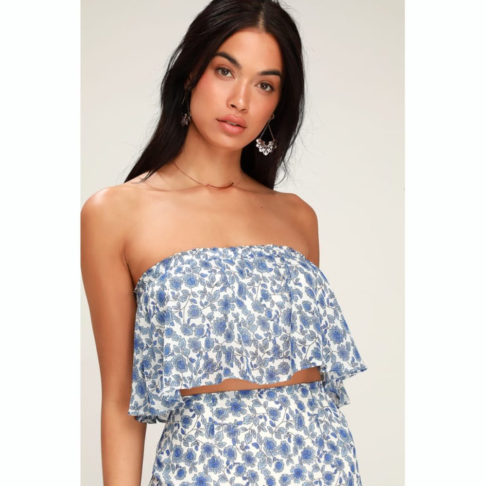 Sage Blue and White Ruffled Sleeveless Crop Top